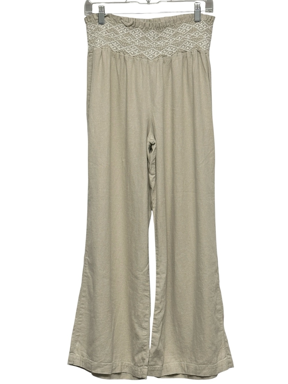Wide Leg Linen Blend Pull-On Pants Smocked Embroidered Waistband Boho Size Large